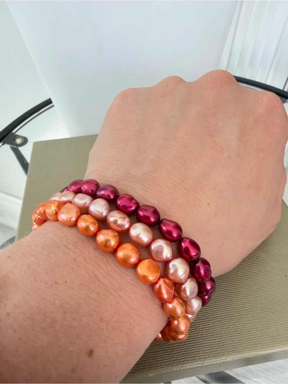 NWOT 7” Honora red, orange, champagne dyed freshwater pearl stretch bracelets!